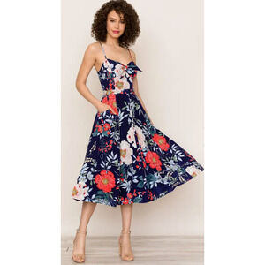 Yumi Kim Silk Pretty Woman Midi Dress in Rainforest Navy Women's Pockets Size S
